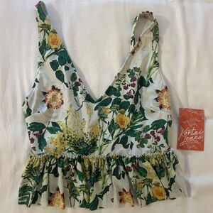 Kortni Jeane White Floral V-Neck Ruffle Swim Bikini Top - Yellow & Green Print